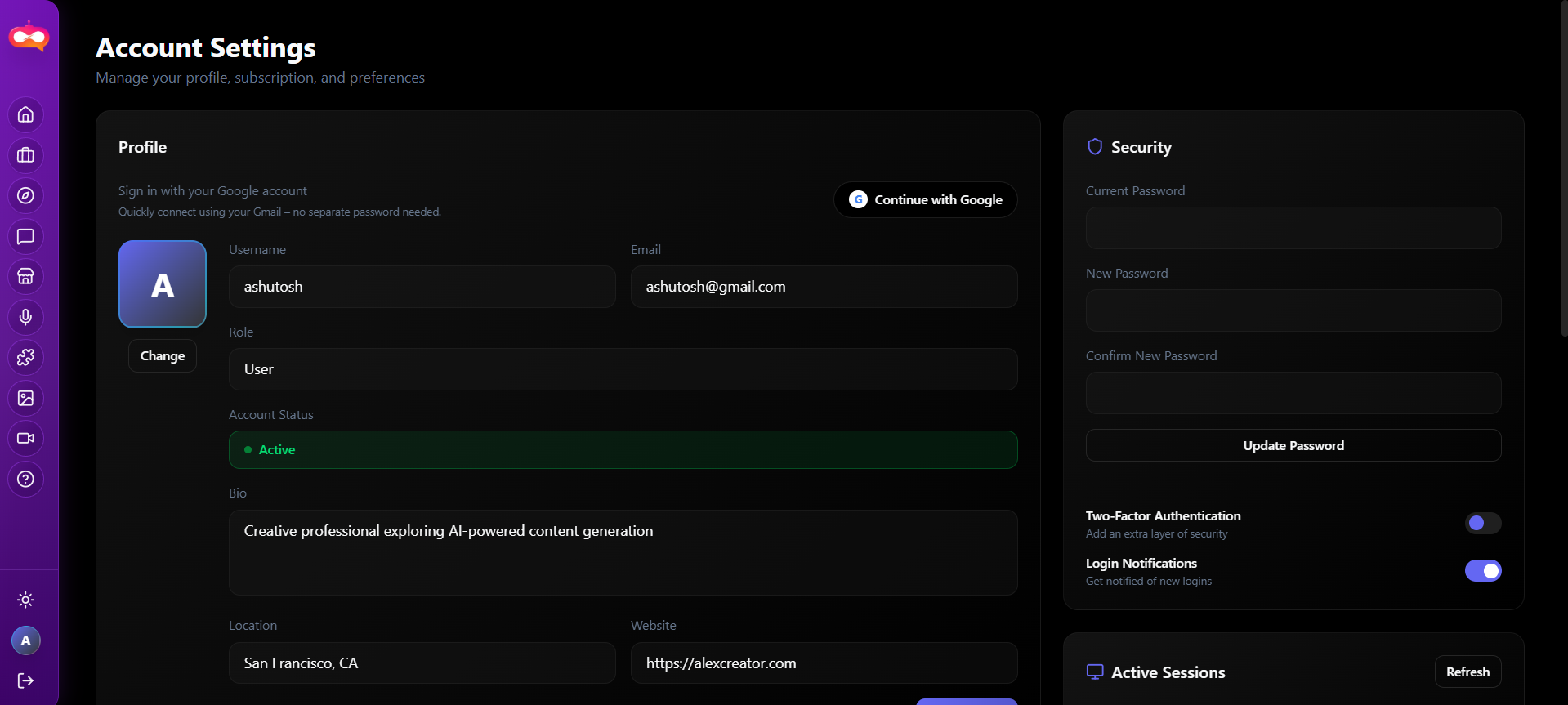 Account settings page.
