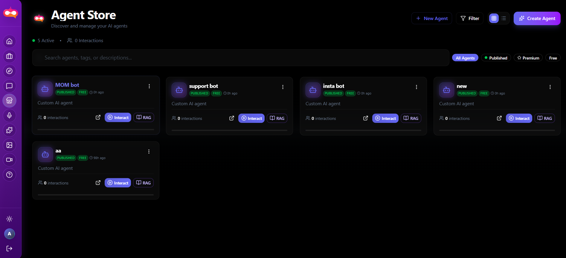 Agent store listing and actions.