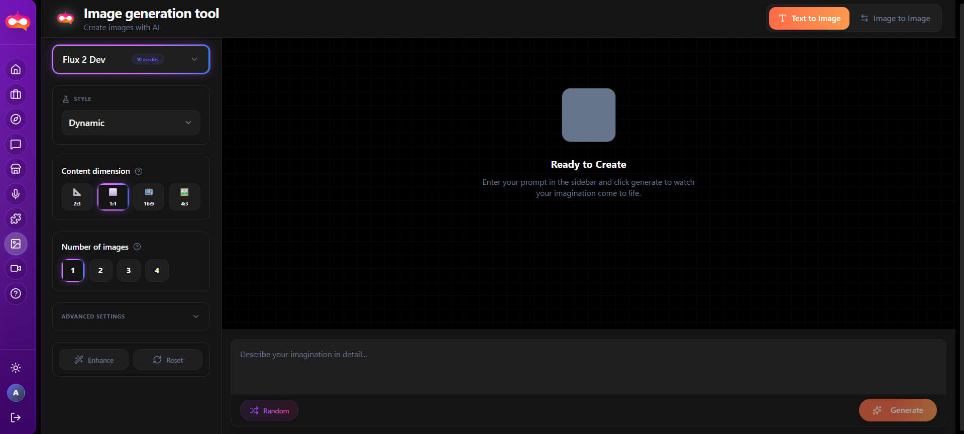 Image tools workspace with mode tabs and model picker.
