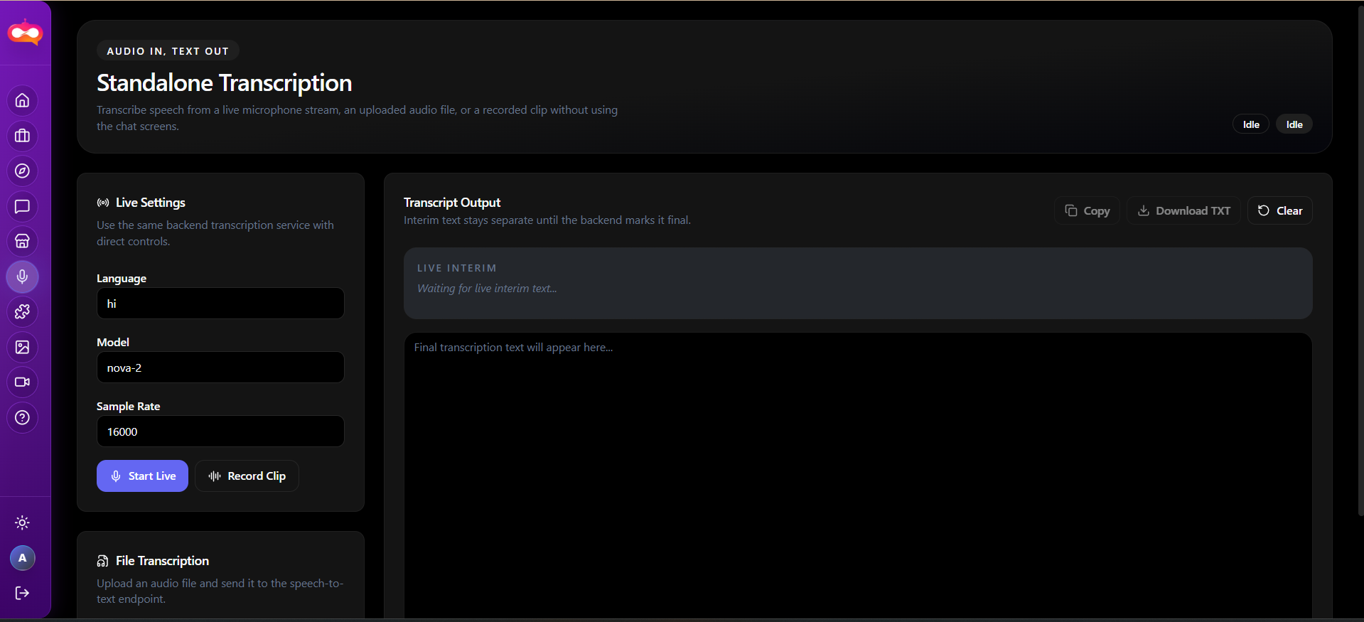 Transcription page with live, upload, and record options.