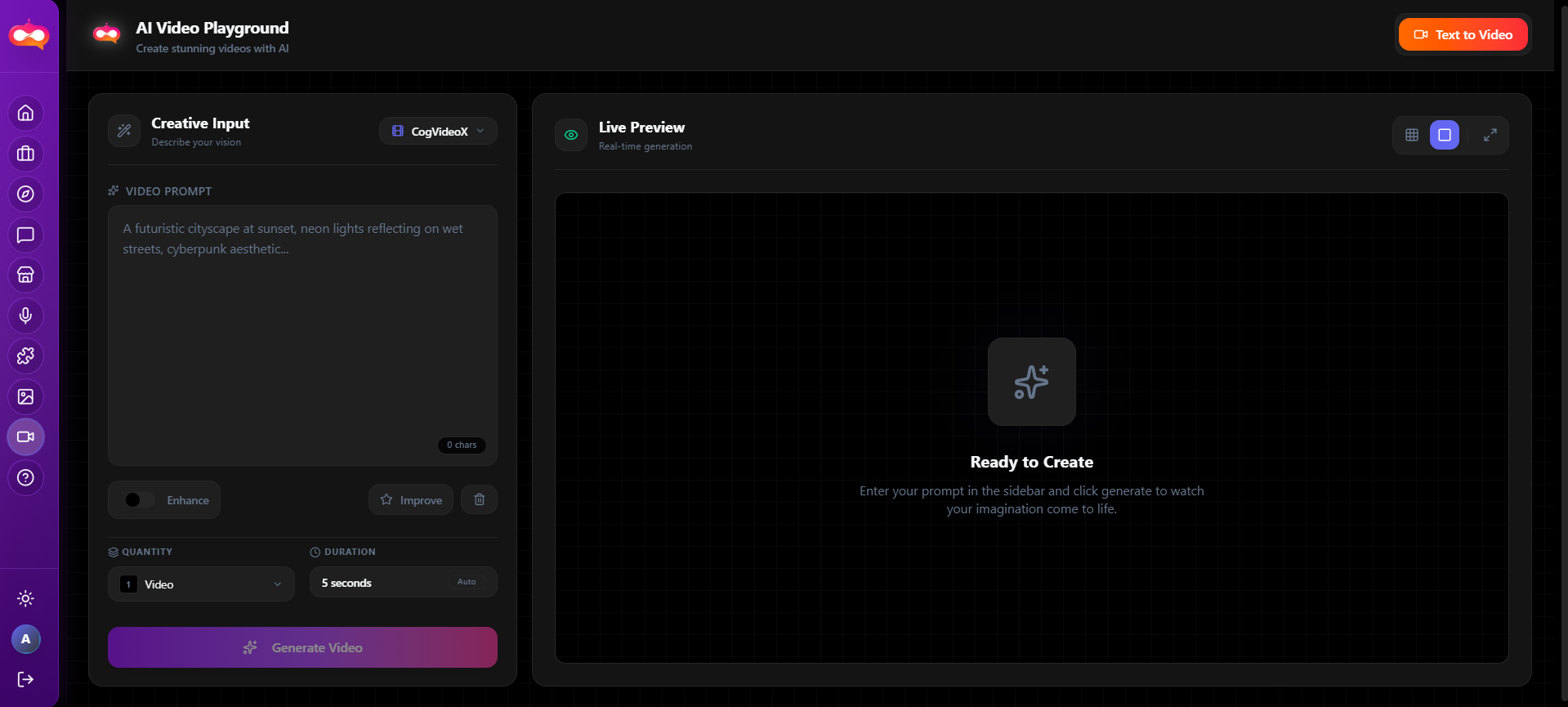Video tools with text-to-video and model selection.